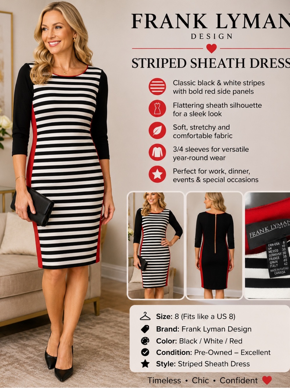 Frank Lyman Design Black, White & Red Striped Sheath Dress